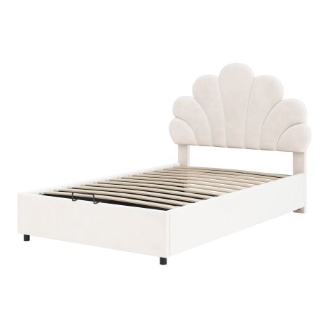 Polsterbett Doppelbett, Bettrahmen mit blumenförmigem Kopfteil und Lattenrost, Erwachsenen-Jugendbett in hautfreundlichem Samtstoff (1/5)