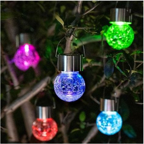 Lot de 8 lampes solaires à suspendre, lampes solaires de jardin avec boule en verre craquelé multicolore changeante, lampes solaires d'extérieur étanches pour jardin, cour, patio, pelouse [Classe éner (1/5)
