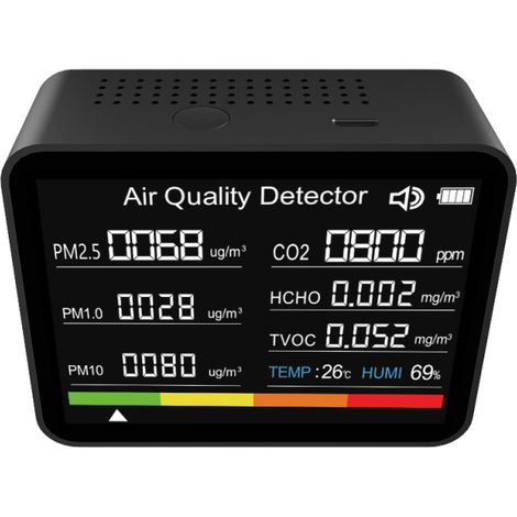 Moniteur de qualité de l'air 8 en 1, détecteur de CO2, détecteur de dioxyde de carbone, CO2, TVOC, HCHO, PM2,5, PM1,0, PM10 (1/5)