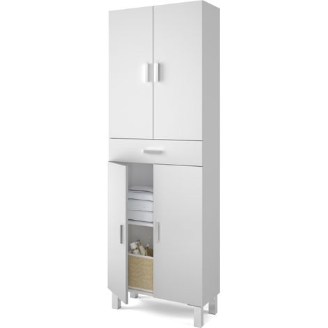 Bodenstehender Badschrank 60x29x182 cm weiß glänzend mit 4 Türen und 1 Schublade – Siracusa