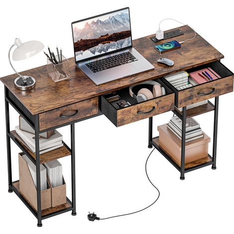 HOMCOM Computer Writing Desk with Power Outlets, Drawers, Shelves, Brown (1/5)
