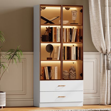 Mueble de baño moderno blanco en MDF, 75 cm, con 2 cajones, 2 puertas, huecos abiertos y puerta de vidrio (1/5)