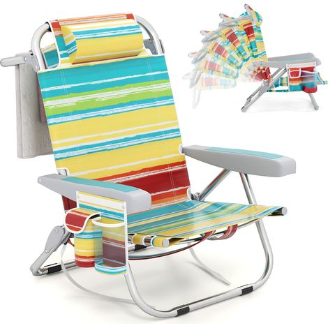 Chaise Longue, Chaise de Plage Pliable, 5 Positions Réglable, Porte-Gobelet, Porte-Serviette, Poches, Appui-tête, Sangles (Multicolore,1 pcs) (1/5)