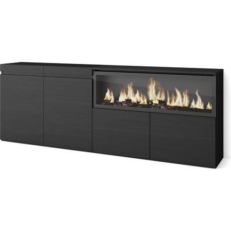 Skraut Home - Buffet salon et cuisine, Meuble de Rangement, Commode, 210, 4 Portes, Cheminée électrique XXL, Style moderne, Noir (1/5)
