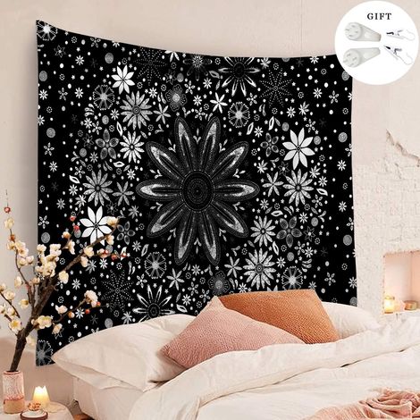 Tapiz de pared bohemio con estampado de mandala playero indio, decoración suave y sedosa para dormitorio y sala de estar (Negro, 150 x 130 cm) (1/5)