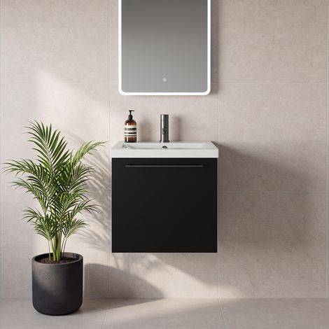 Napoli 390 Matt Black 500mm Wall Mounted Single Drawer Vanity Unit with Glide Basin - 500mm - Gunmetal Grey 320mm Handle