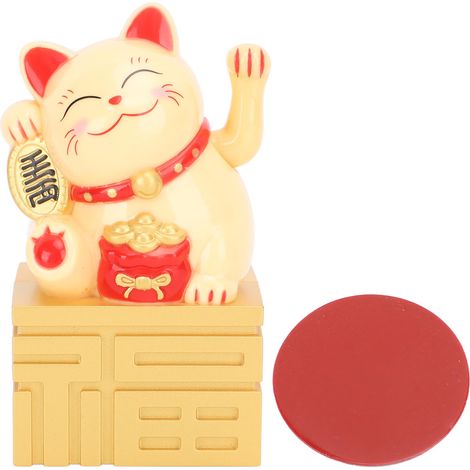 Statuette Chat Porte-Bonheur Solaire avec Bras Mobile, Décoration de Bureau Feng Shui Chinois 4 Pouces Jaune (1/5)
