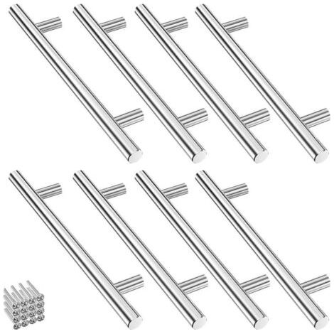Lot de 8 Poignee de Meuble Cuisine Inoxydable Argent, Poignee Porte Cuisine Espacement des Trous de 128mm, Arrondi Poignées pour Placards avec 32 Vis, poignée Tiroir pour Penderies, Tiroirs