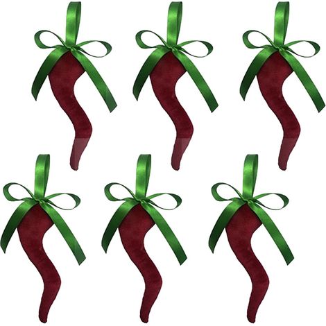 6 decorazioni per albero di natale corno rosso e fiocco verde porta fortuna 20cm addobbo particolare scaramantico (1/3)