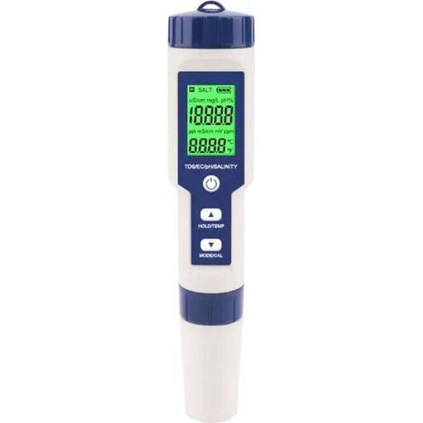 5-in-1 Digitaler Salztester – Analysiert pH-Wert, TDS, EC, Salzgehalt und Temperatur – IP67 wasserdicht für Schwimmbäder und Aquarien (1/5)