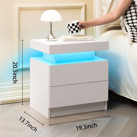 Lot de 2 tables de nuit LED blanches, meuble de chevet moderne avec 2 tiroirs pour chambre à coucher (1/5)