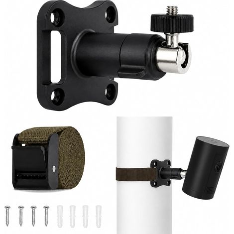 Support Caméra Extérieur Universel, Support Camera avec Sangle 250 cm, Fixation Murale ou Poteau sans Perçage/avec Vis, Support pour Caméra de Surveillance Filetage 1/4 Pouce, ABS Noir (1/5)