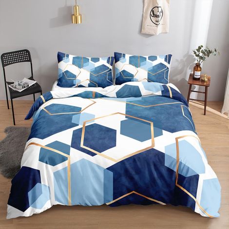 Bettwäsche-Set 135x200 cm Geometrie Blau Weiß Mikrofaser mit Reißverschluss