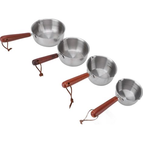 4 piccoli pentolini professionali in acciaio inox per versare olio e salse, con manici in legno, ideali per cucinare. (1/5)
