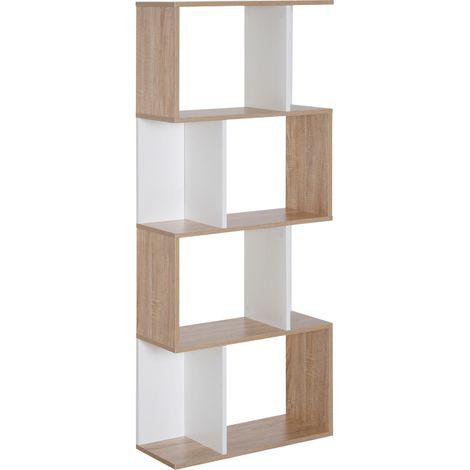 HOMCOM 4-stöckiges S-förmiges Bücherregal, Aufbewahrungsmöbel für Wohn-/Schlafzimmer, Naturholz und weißes Regal, 60 x 24 x 148 cm