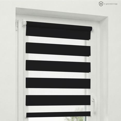 Estika - Store enrouleur jour nuit sans perçage - 50 x 150 cm - Noir - Protection solaire pour fenêtres intérieures - Double tissu semi-transparent - Fixation Klemmfix (1/5)