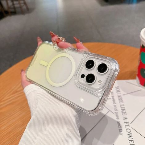 (Jaune, iPhone 13 Pro) Coque de téléphone transparente à dégradé antichoc avec chargement sans fil magnétique.