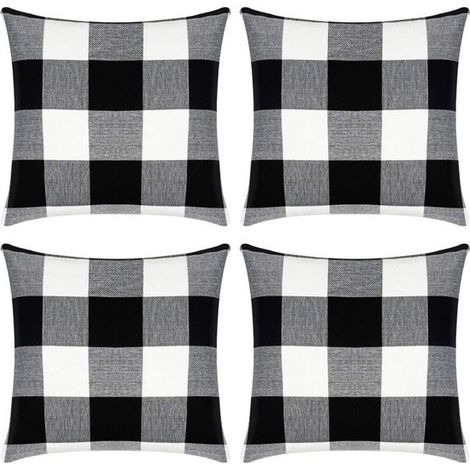 Lot de 2 housses de coussin à carreaux pour coussin carré d'extérieur de style ferme en coton et lin noir et blanc - 4 (1/4)