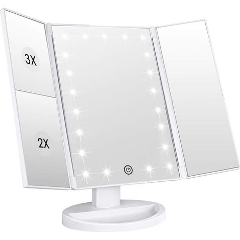 Ortviai Miroir de maquillage pliable avec LED, grossissement 2X/3X, réglage tactile sans gradation, plateau de rangement, USB (1/4)