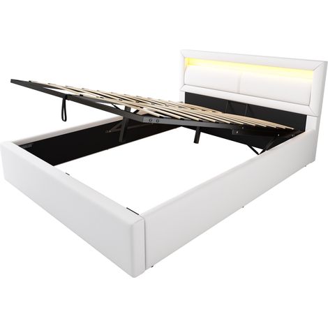 Cama tapizada LED 140 x 200 cm con somier y almacenamiento, cabecero iluminado, blanca, PU (1/5)