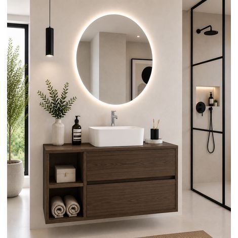Mobile bagno con top in legno e lavabo da appoggio ORIGENBATH ZEUS senza specchio 70x45 cm Sinistra frassino tea (1/5)