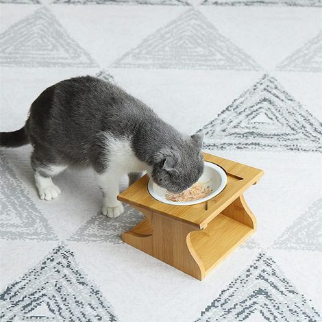 Single Ceramic Feeding Bowl with Wooden Stand, Tilted Raised Bowl for Cats & Puppies