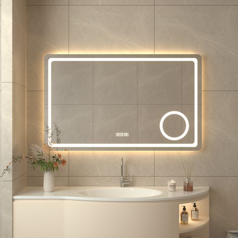 Miroir Salle de Bain 80 x 60cm Bluetooth, Anti-Buée, 3000K-6500K,Dimmable, Mémoire,Loupe 3X, Verre Trempé, IP44, Miroir Lumineux LED (1/5)