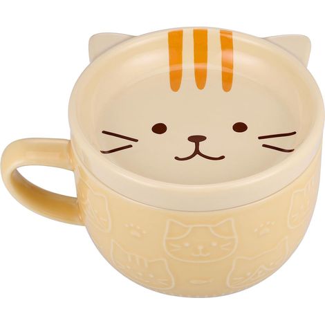 Mug mignon avec couvercle, tasse à café en céramique, mug chat, cadeau sur le thème des chats pour femmes, filles et garçons, cadeau d'anniversaire (320 ml, jaune) (1/5)