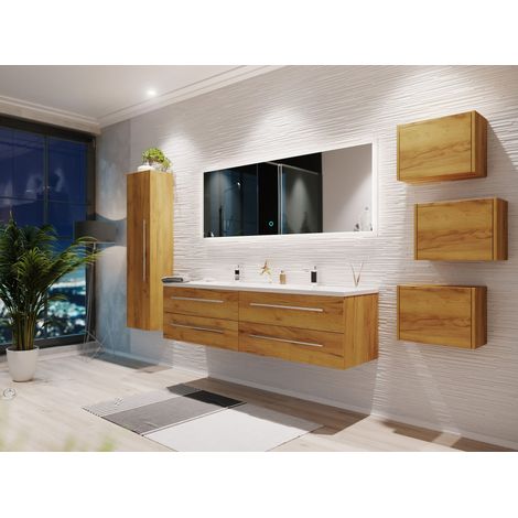 Badmöbelset Colossos160 4-teilig LED Spiegel Hochschrank 3er Boxen eiche gold (1/5)