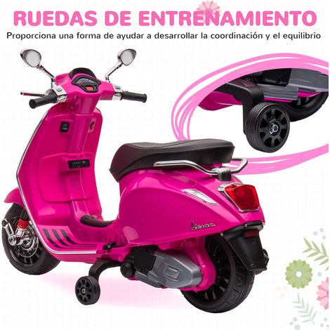 Moto électrique Vespa rose dès 3 ans, port USB, lecteur MP3, radio FM, feux LED, vitesse max 3 km/h, charge 35 kg. (1/5)