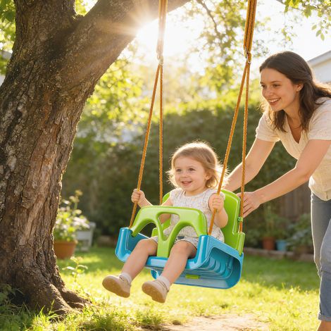 Balançoire enfant 3 en 1 avec corde réglable, dossier amovible, barre en T et ceinture de sécurité - Vert foncé