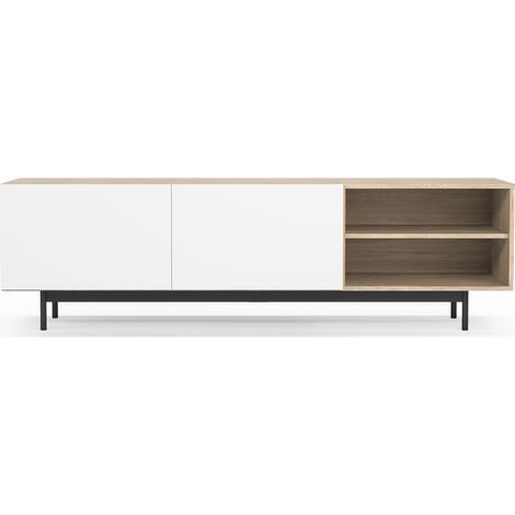 Meuble TV, collection PRINTED, en mélamine avec 2 portes et 2 étagères ouvertes d'un côté. Chêne Clair-Blanc