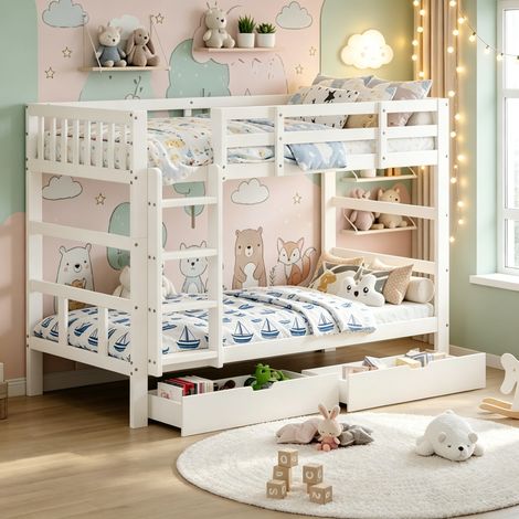 Lit superposé 90x200 cm pour enfants, lit 2 places avec 2 tiroirs, bois massif avec échelle et sommier à lattes amovible, barrière de sécurité, blanc (1/5)