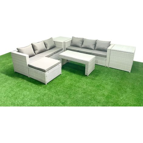 Fimous 7 places Salon de Jardin Extérieur Canapé de jardin en rotin Table basse oblongue avec Grand tabouret 2 Tables d'appoint Gris clair mixte (1/5)