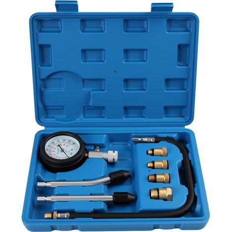 Testeur de Compression pour Moteurs à essence, Testeur Pression Cylindre a Visseravec, 4 Adaptateurs (M10, M12, M14, M18), Kit complet d’outils de diagnostic pour voitures, Motos et moteurs, Bleu (1/5)