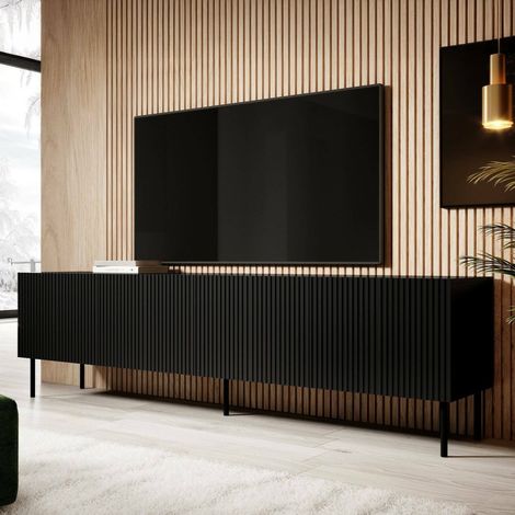 Mueble de TV Priocca, aparador de salón con cuatro puertas batientes, elevado del suelo, 200x42 h52 cm, negro (1/5)