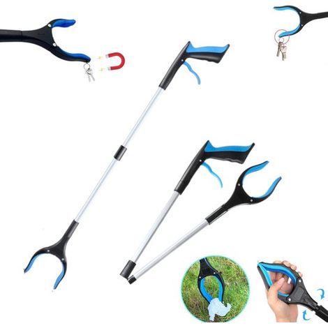 pince - Pince à déchets - Aide à la préhension - Pince à déchets à tête rotative - Pince pliable - 83 cm de long - Idéale pour saisir des objets en hauteur et de petits objets (bleu) (1/5)