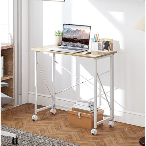 Scrivania pieghevole con ruote, 80 x 40 x 75 cm, acciaio e MDF, effetto legno naturale, REDOM (1/5)