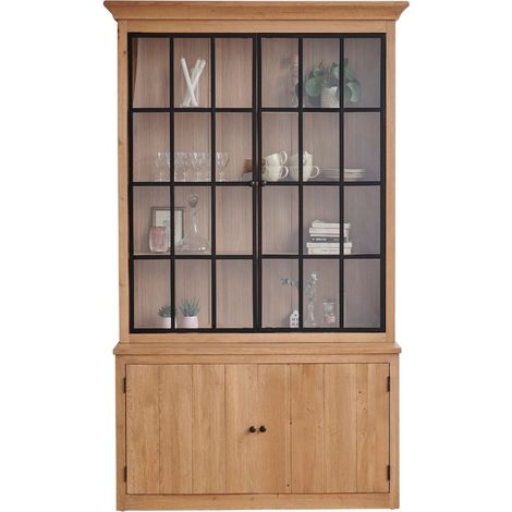 Hellin – Buffet vaisselier industriel en chêne massif et métal 4 portes – Style atelier avec portes vitrées – Rangement optimisé pour salle à manger (1/5)