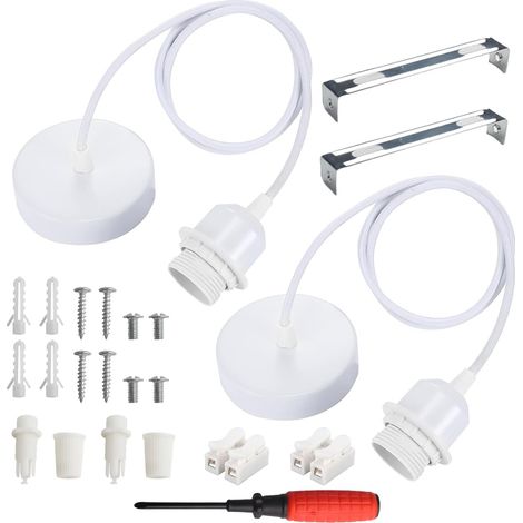 Set of 2 Pendant Light E27 Metal with Cable 150 cm White Pendant Light with Mounting Ring E27 Lamp Holder for Kitchen Living Room Restaurant (1/5)