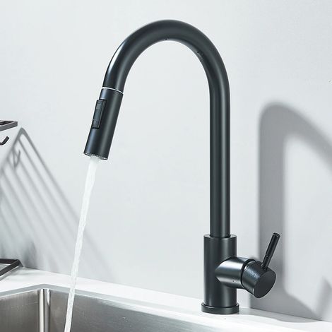 Robinet extractible (noir mat), pommeau de douche, mitigeur de comptoir, poignée unique (1/3)