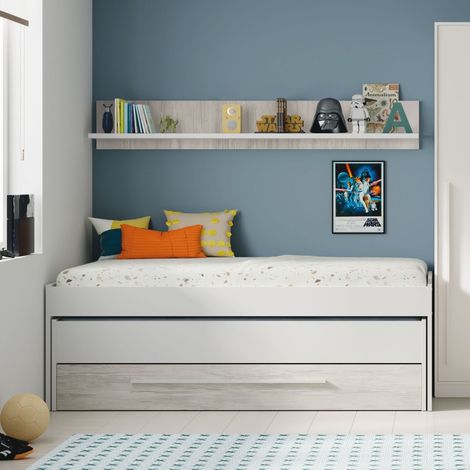 Cama nido Buzz con cajón y estante – Medidas 90x190 cm y 90x180 cm – Ruedas para fácil extracción – Diseño moderno en blanco y madera – Muemue (1/5)