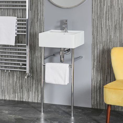 Hudson Reed – Lavabo sur colonne 40cm x 40cm – Céramique blanche émaillée – Pieds chromés – Pré-percé pour robinet monotrou – Avec trop-plein (1/5)