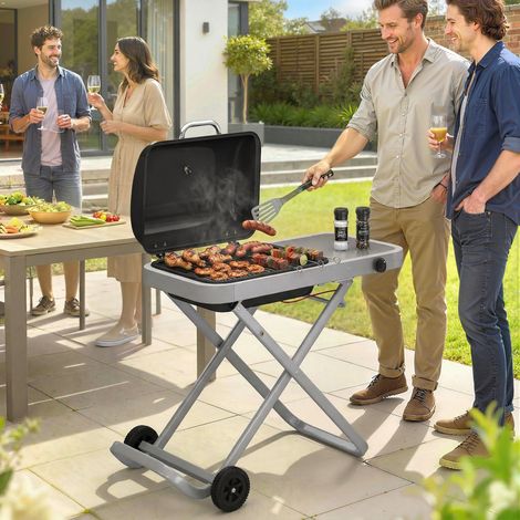 Tragbarer Gasgrill 1-Brenner 2,5kW Grillwagen mit Faltbarem Rollwagen Grillrost Seitentisch Deckel Thermometer