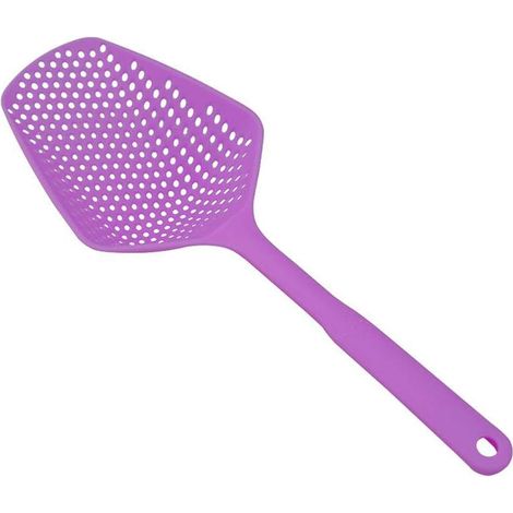 Lot de 2 grandes cuillères de service violettes à fentes avec long manche, louche passoire à pâtes résistante à la chaleur, cuillère égouttoir pour pâtes, nouilles, légumes et plus encore. (1/5)