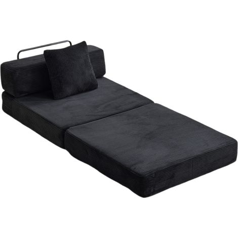 Faltbares Einzel-Fußboden-Schlafsofa aus schwarzem Cord mit Kissen und Armlehnen (1/5)