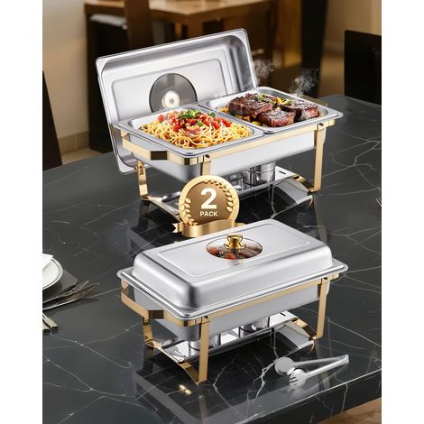 Chauffe-Plat Rectangulaire 2PCs 4 L, Buffet Chauffant avec 4 Bacs Demie Taille, Réchaud en Acier Inoxydable avec Couvercle en Verre, pour Buffet Libre-Service Hôtel Traiteur Restauration, Doré (1/5)