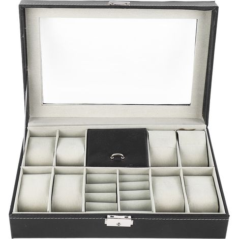 Coffret à Montres 8 Emplacements, Boîte de Rangement avec 2 Compartiments, Fermeture à Clé, Cuir PU, Couvercle en Verre (1/5)