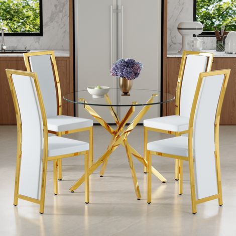 DESMIU Table de salle à manger ronde 4 personnes avec 1 table et 4 chaises, structure métallique, pour salle à manger, verre et PU, transparent blanc et or, 88 × 75 cm (1/5)