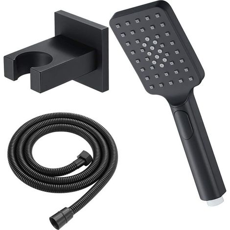 Schwarze Handbrause mit Schlauch, umweltfreundlichem quadratischem Duschkopf und Messinghalterung – Komplettes Badezimmer-Set